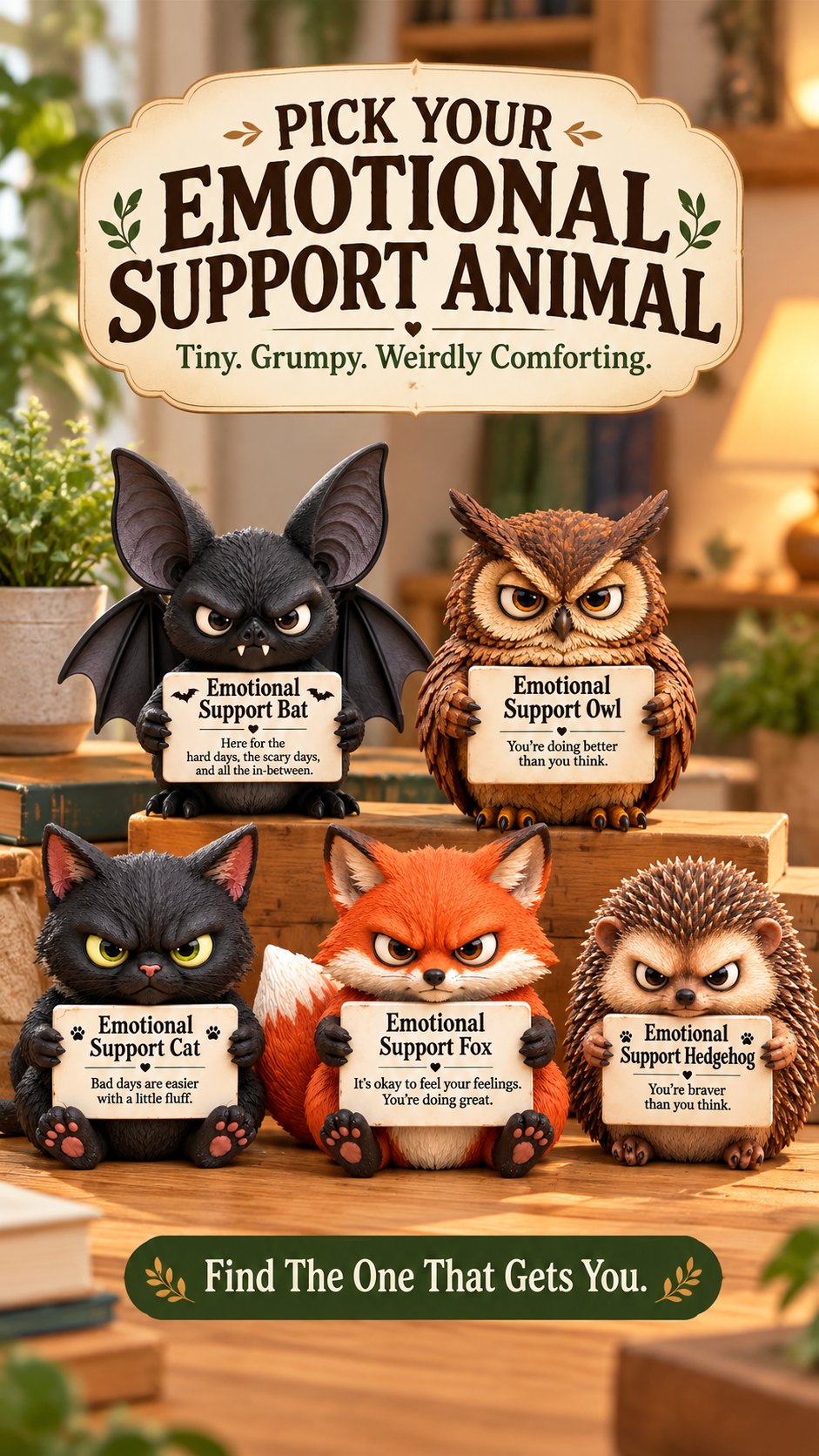 All five Emotional Support Animal styles together: Bat, Cat, Owl, Fox, and Hedgehog