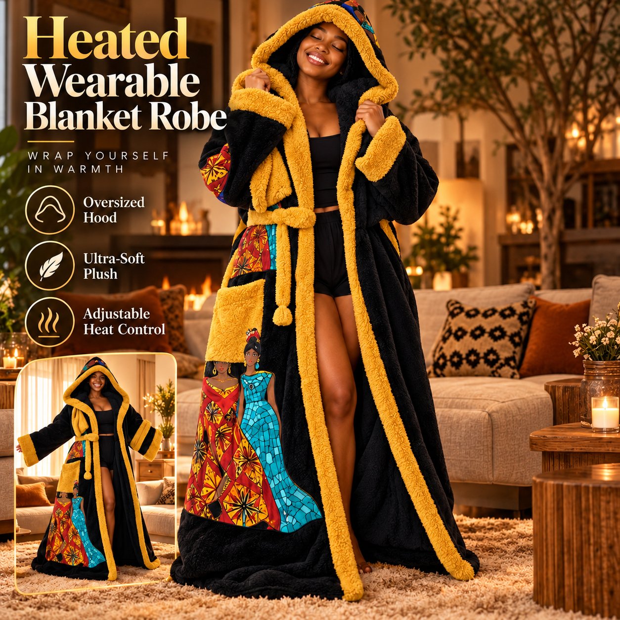 Adjustable heat control on heated blanket robe