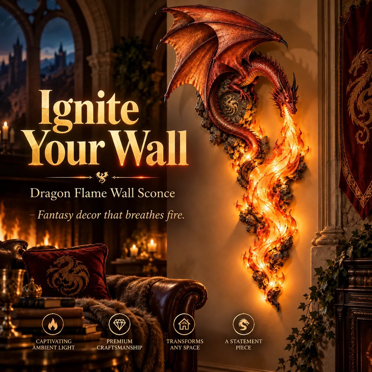 Dragonfire Guardian wall sconce glowing at night