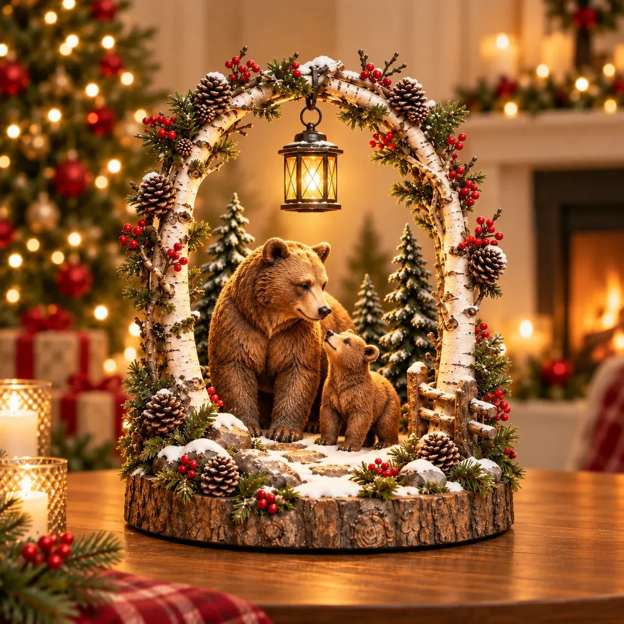 Woodland Bear Family Lantern with warm glow