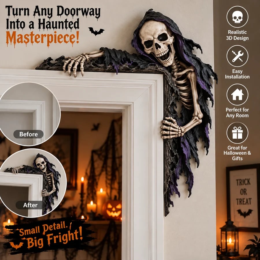 Reaper doorway decoration styled with Halloween accents and before-and-after examples