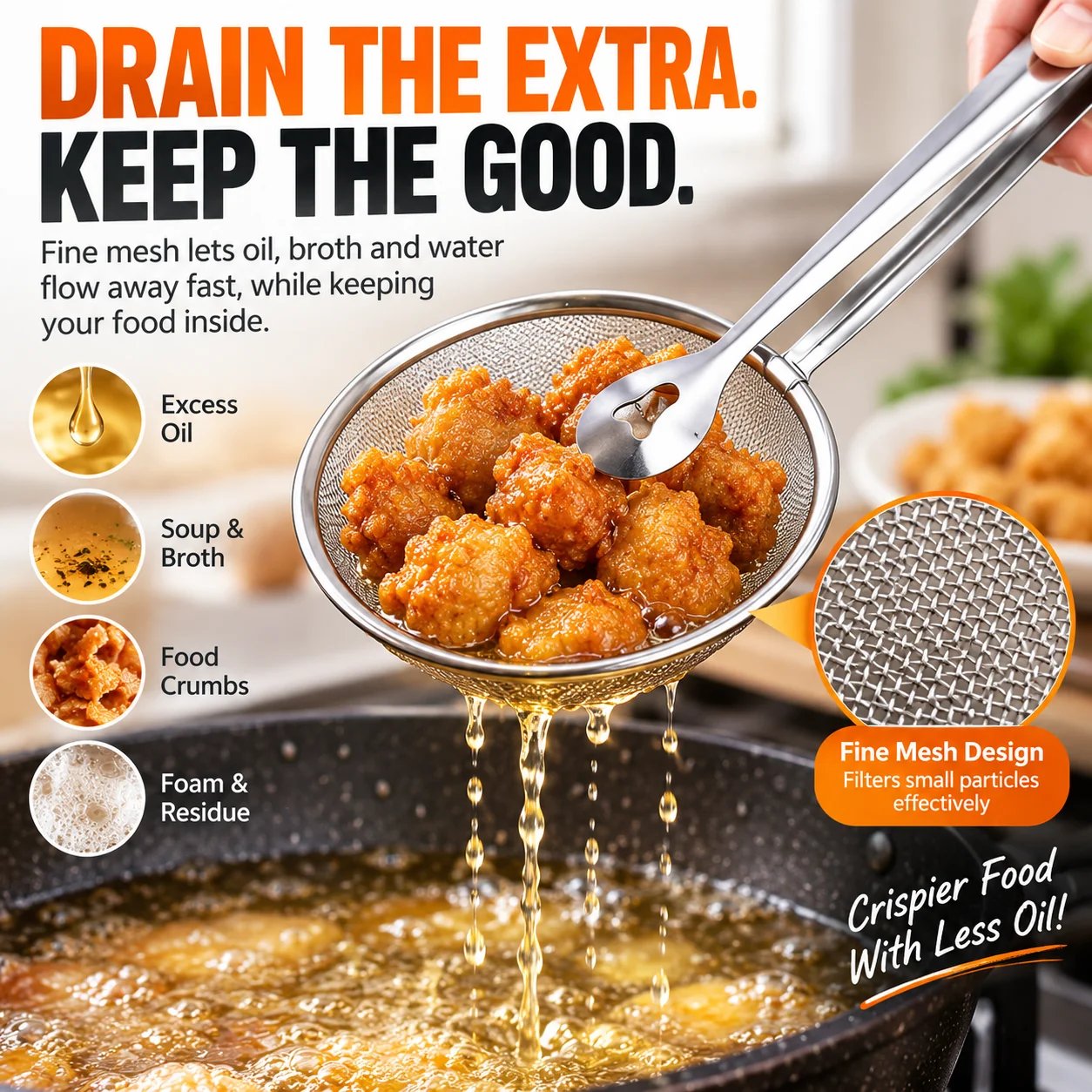 fine mesh strainer removes oil broth and residue