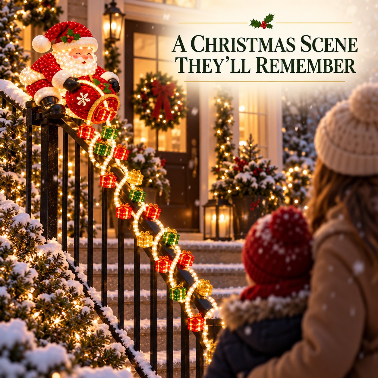 Family Christmas scene with Santa railing decoration