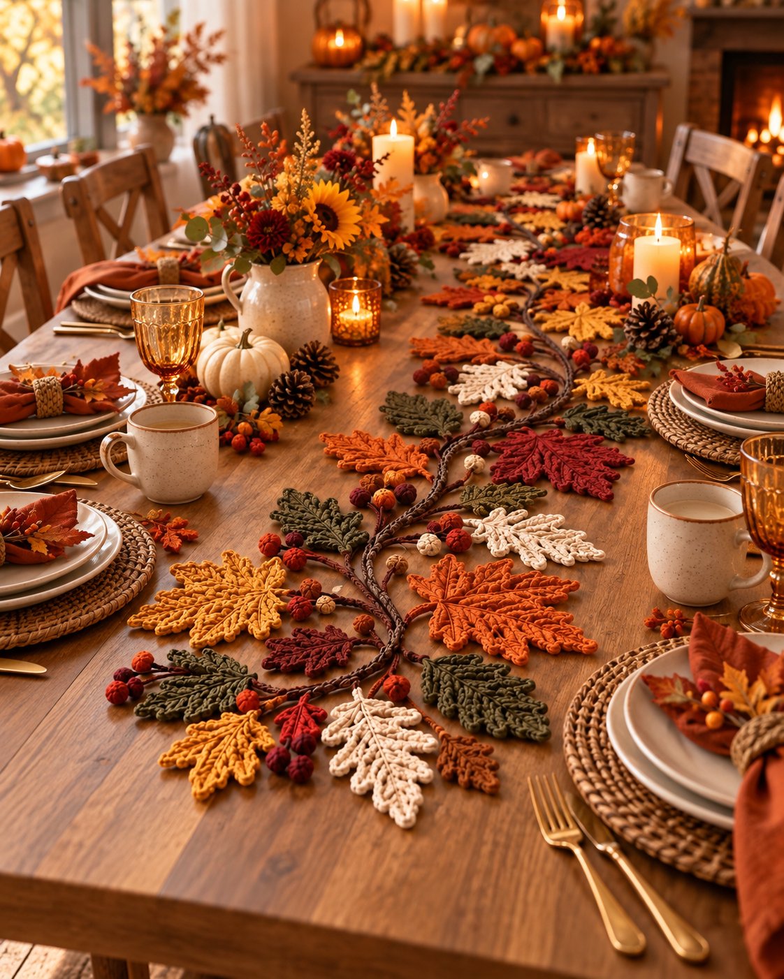 Long dining table styled with the crocheted leaf runner, candles, pumpkins and place settings for a holiday dinner
