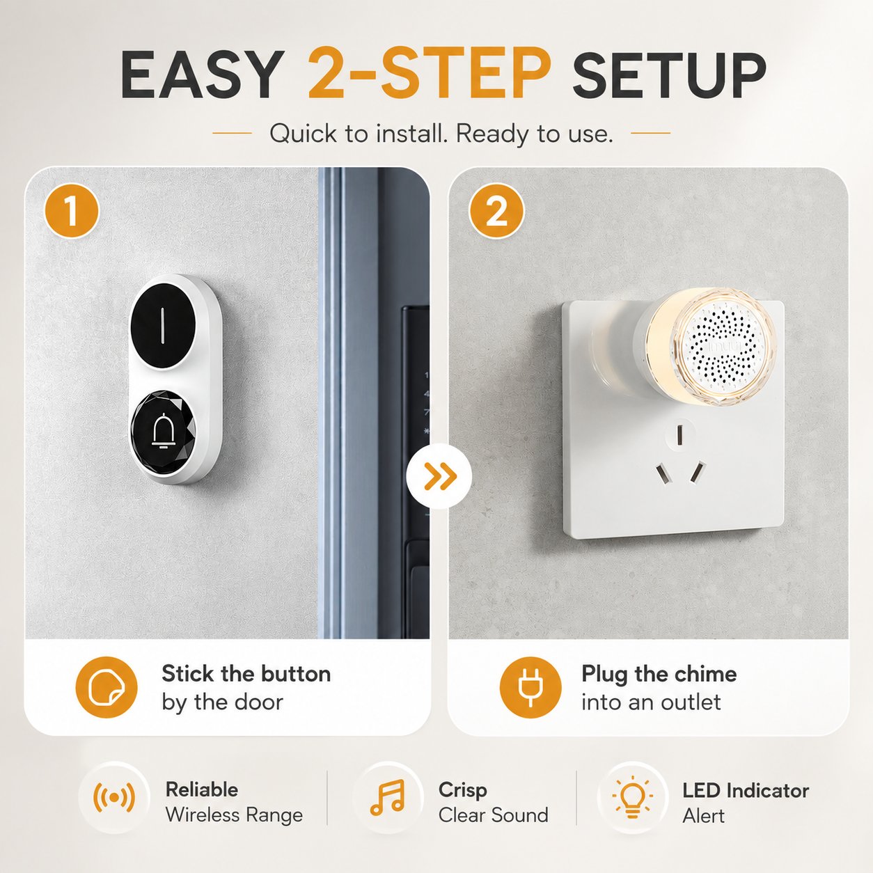 Two-step wireless doorbell setup with an adhesive button and plug-in chime