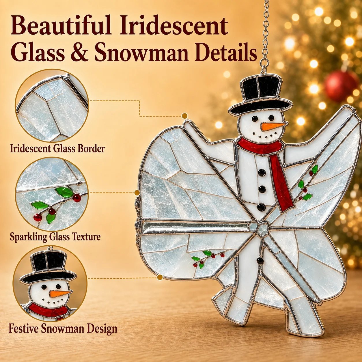Close view of the snowman design and iridescent glass-style texture