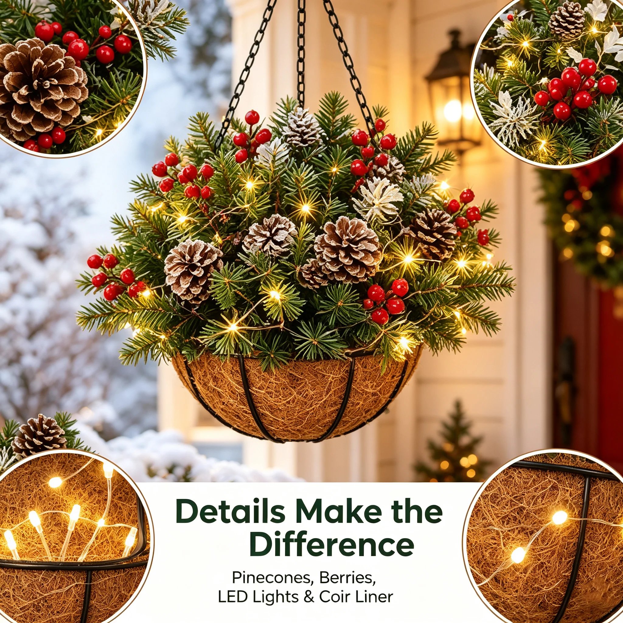 Christmas hanging basket pinecones berries lights and coir liner