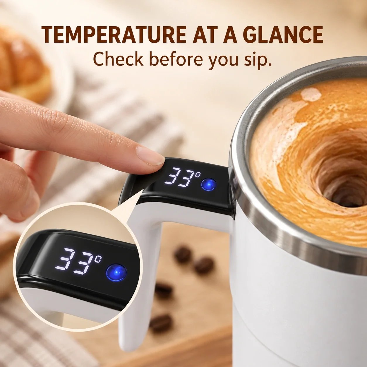 Close-up of the digital temperature display on the mug handle