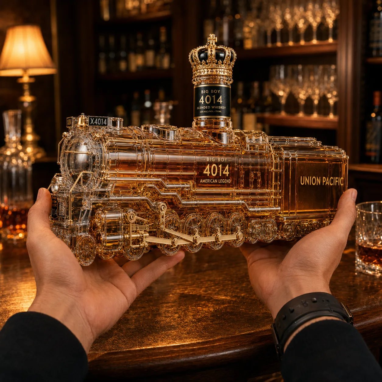Vintage steam locomotive decanter displayed with amber liquid in home bar setting