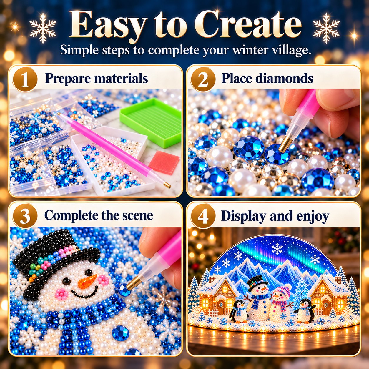 Four illustrated DIY stages: prepare materials, place rhinestones, complete the scene, then display