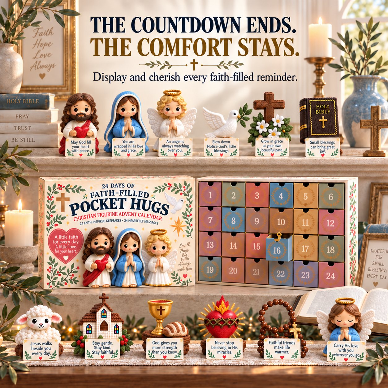 Close-up sculpted details of Jesus, Mary, angel, dove, cross and Bible Pocket Hugs