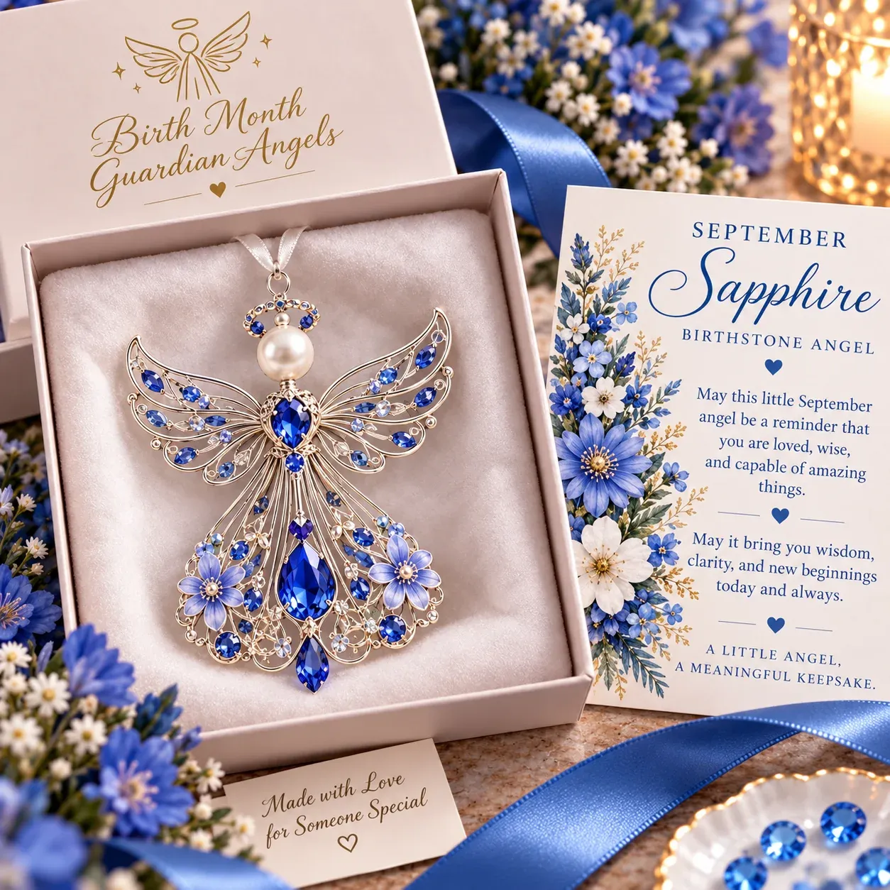 September guardian angel with sapphire blue-inspired accents