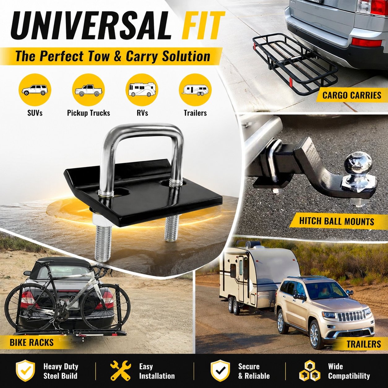 Hitch stabilizer used with compatible cargo carriers bike racks trailers and ball mounts