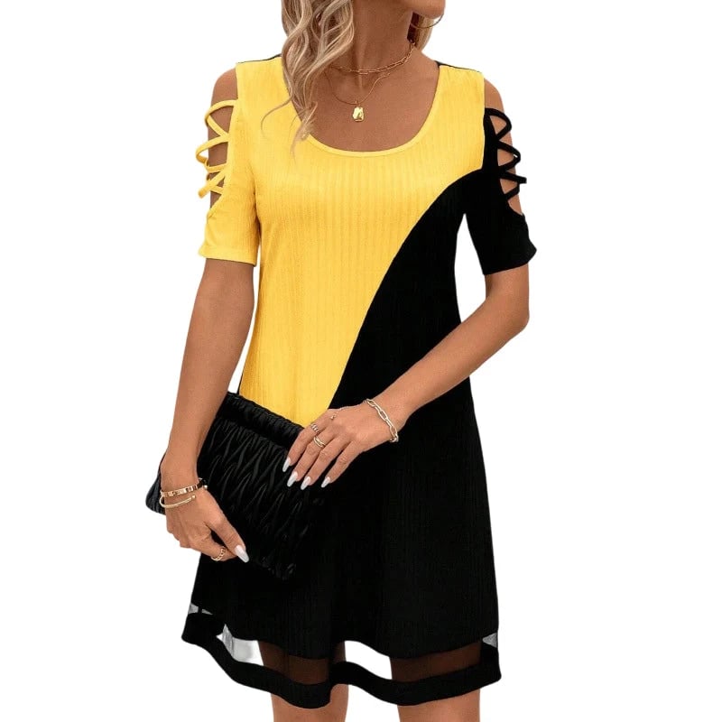 Women's Color-Block Crew-Neck Midi Dress with Mesh Hem - Yellow / S