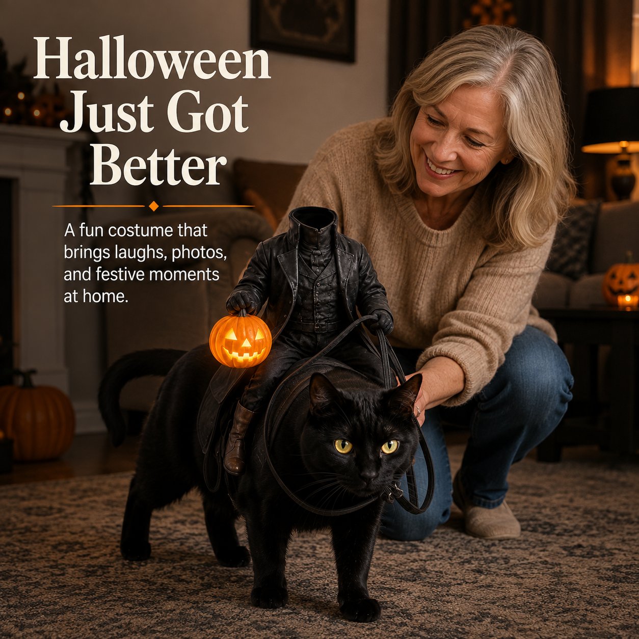 Older woman smiling at a black cat wearing a Halloween rider costume