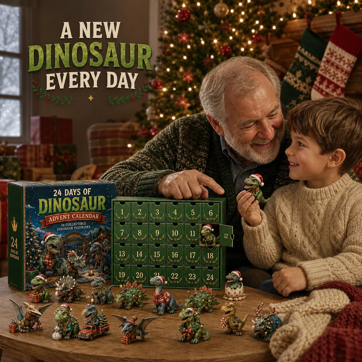 Family enjoying dinosaur Advent Calendar
