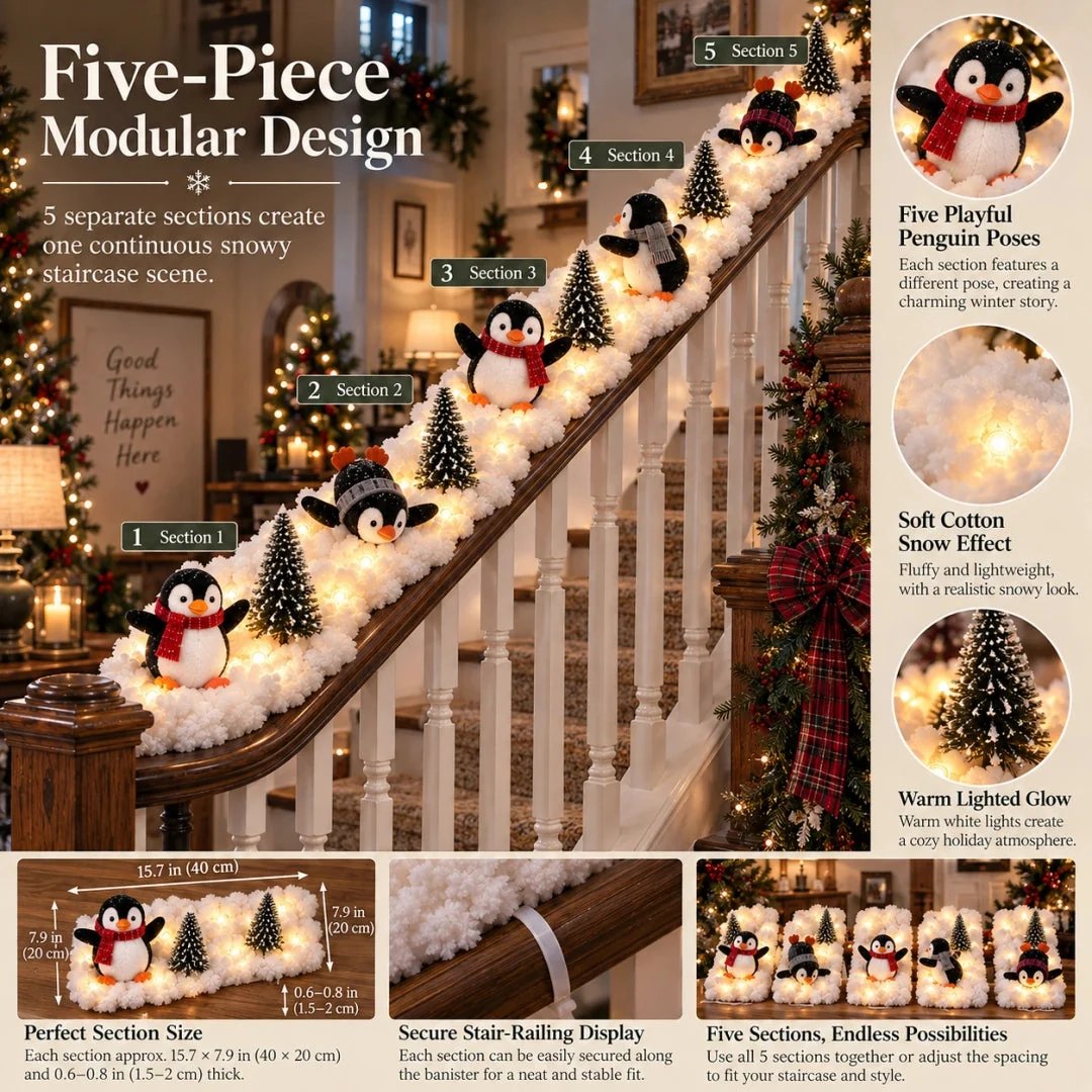 Five piece penguin Christmas staircase scene