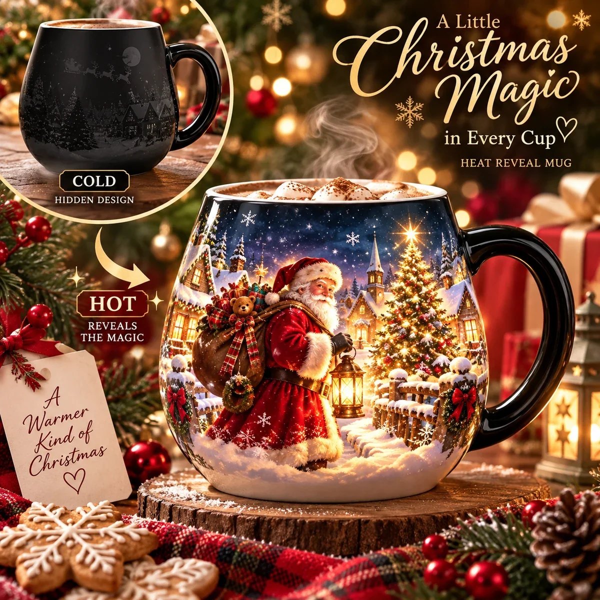 Christmas magic heat reveal mug shown hot and cold
