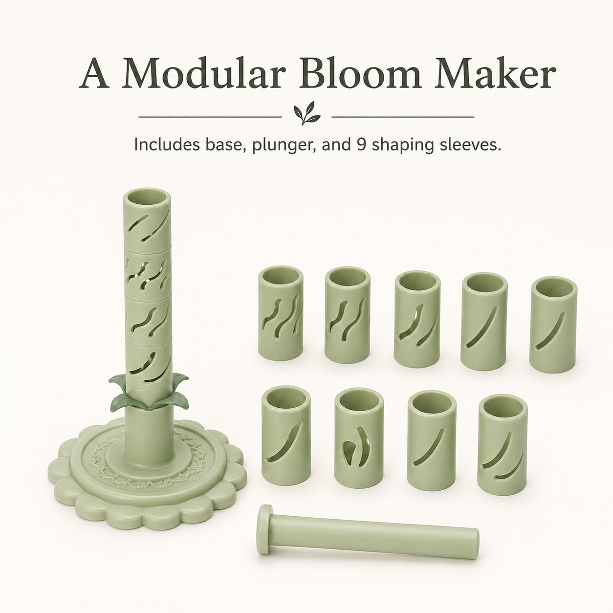 Sage green modular bloom maker set with scalloped base, plunger and nine shaping sleeves