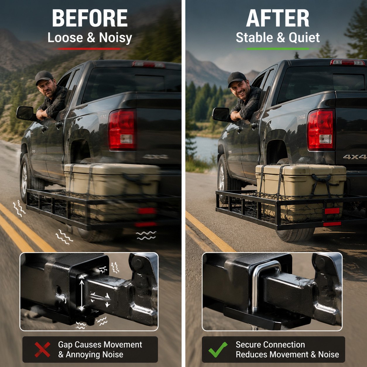 Before and after comparison of a loose and stabilized hitch connection