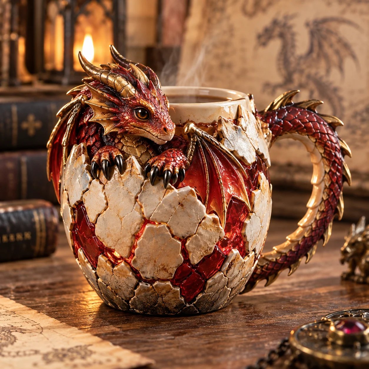 Dragonbound Realms sculpted dragon mug in a fantasy reading setting