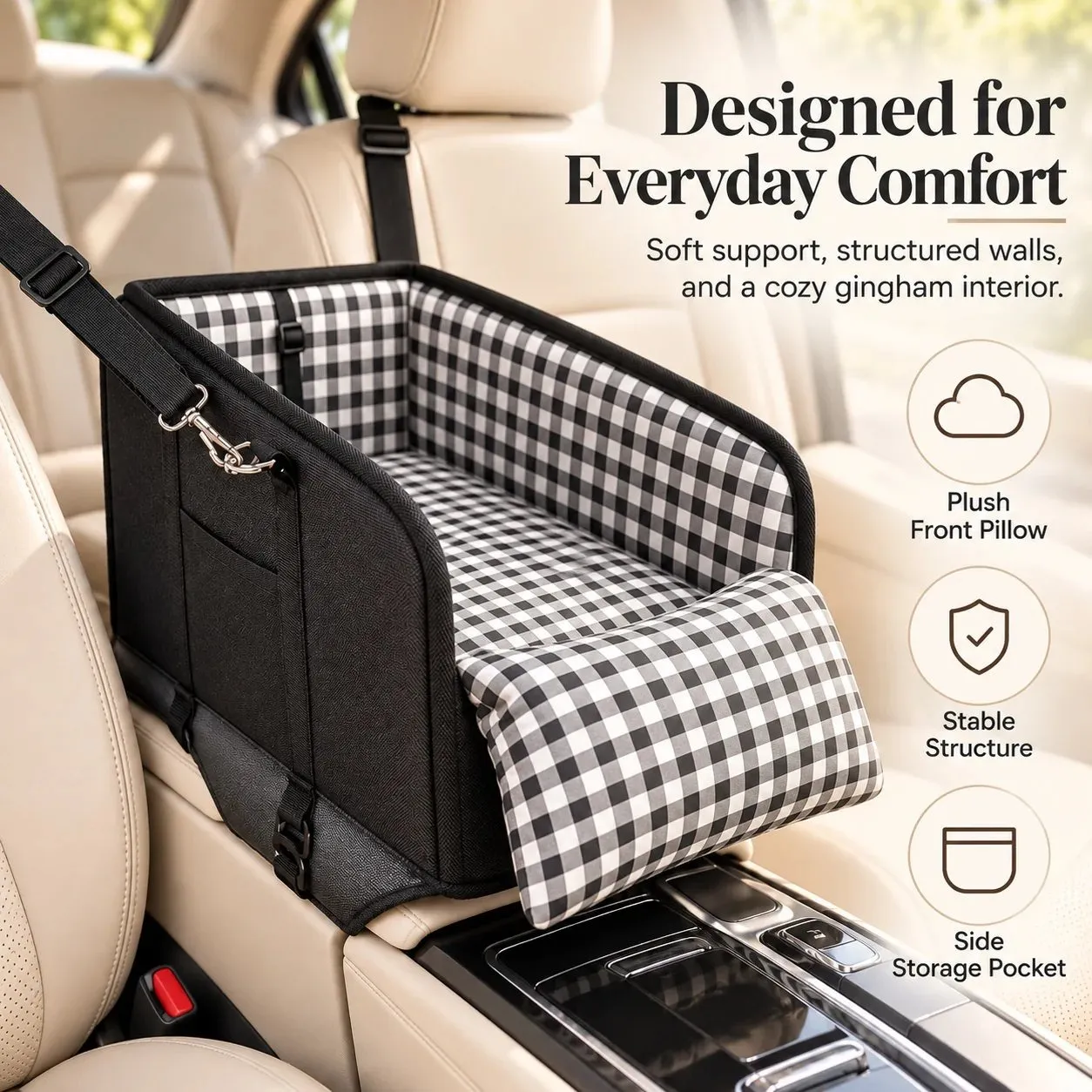 Adjustable straps beneath PawNest dog console seat