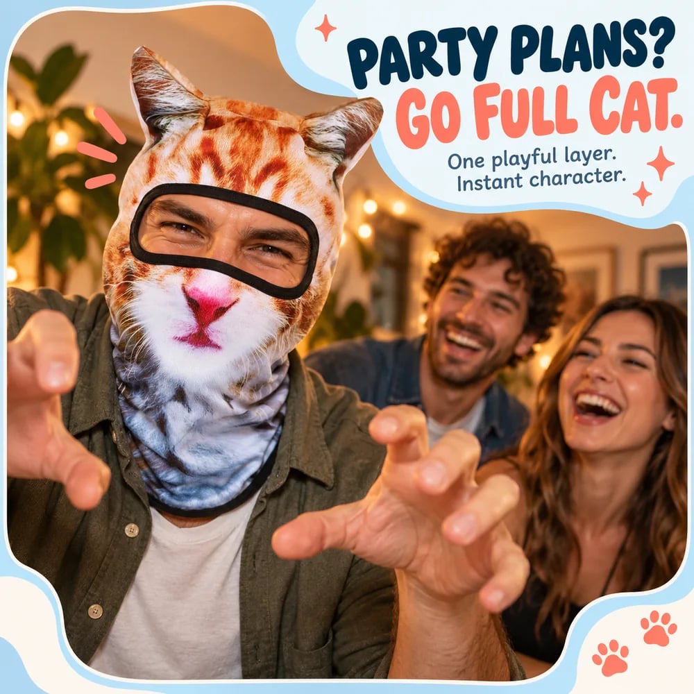 Adult wearing the cat mask at a casual costume party