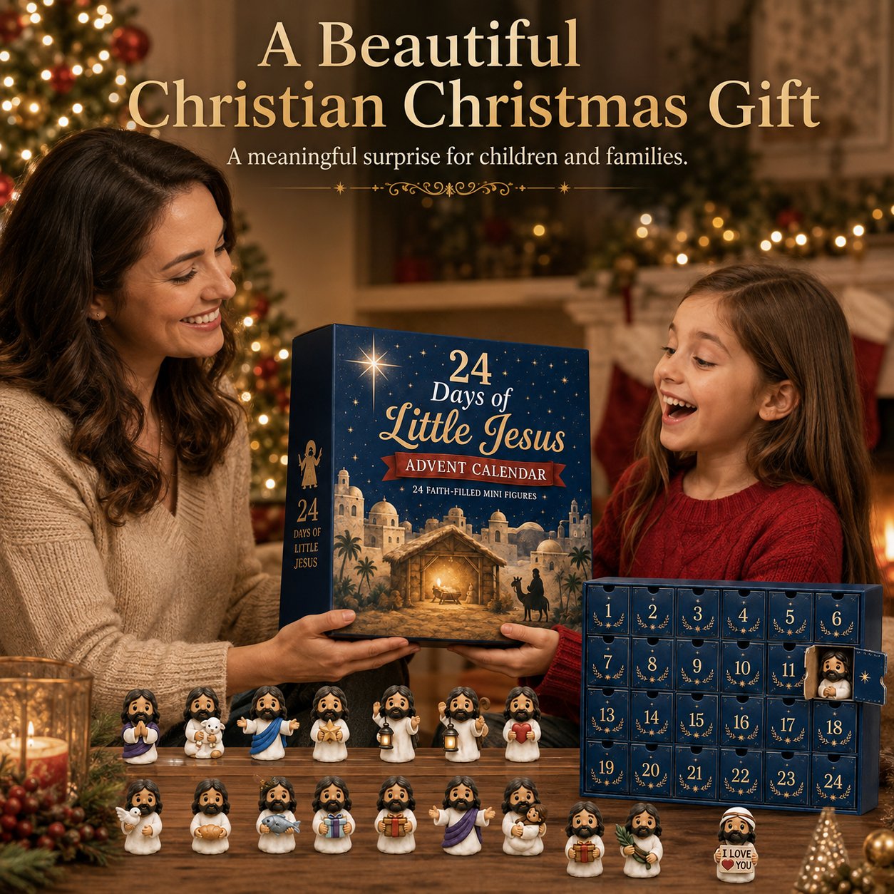 Mother giving Little Jesus Advent Calendar to a girl for Christmas