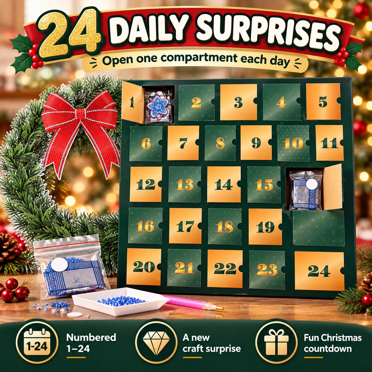 Advent calendar with doors numbered 1 to 24 and examples of the daily diamond art surprises