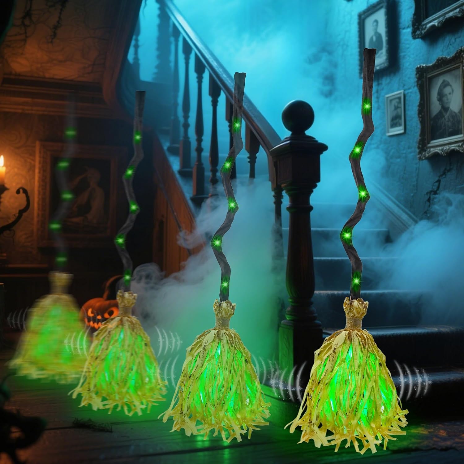 Animated broom wobbling across an indoor Halloween display