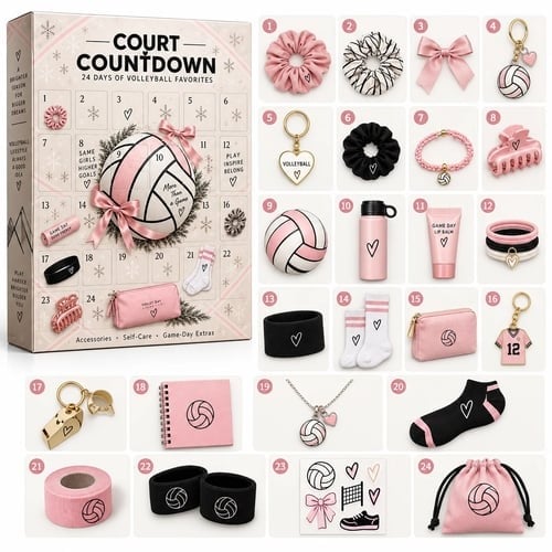 Volleyball advent calendar beside a numbered overview of pictured accessories