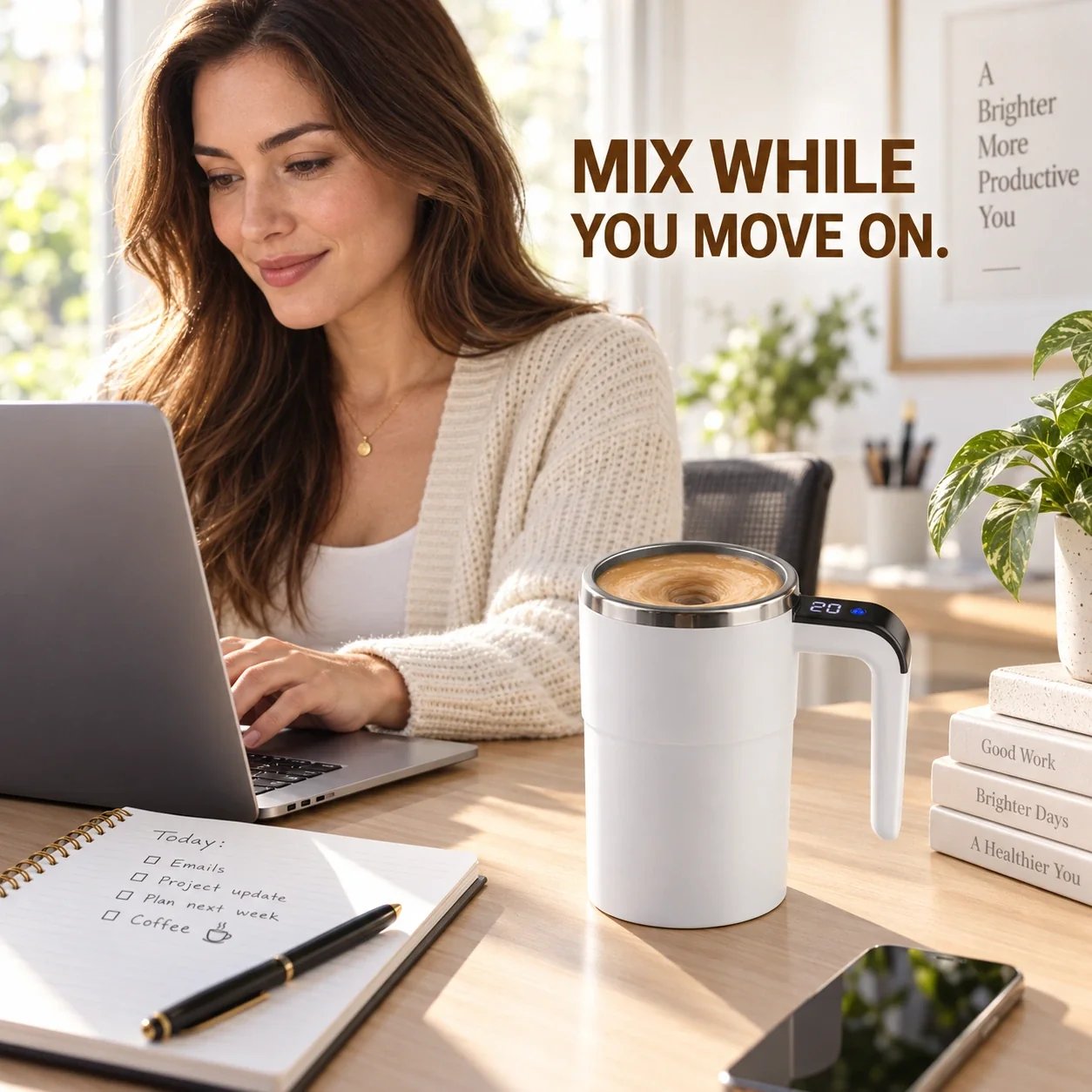 Professional working at a home-office desk while the mug mixes a drink