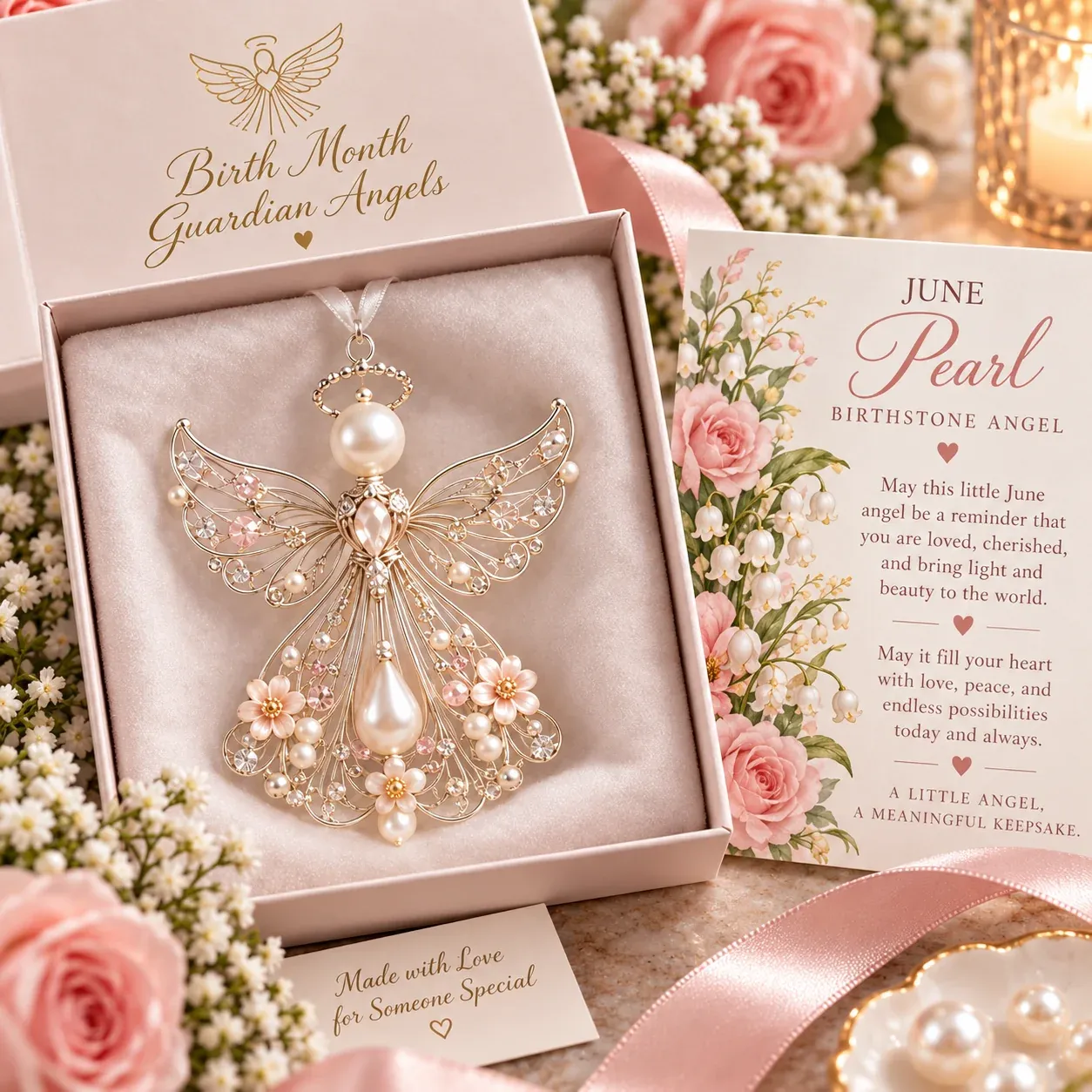 June guardian angel with pearl pink-inspired accents
