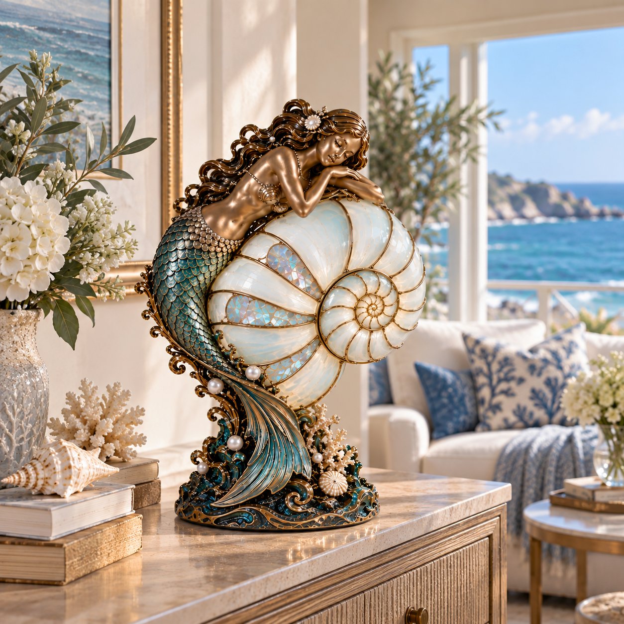 Mermaid’s Dream displayed in daylight on a coastal living room console