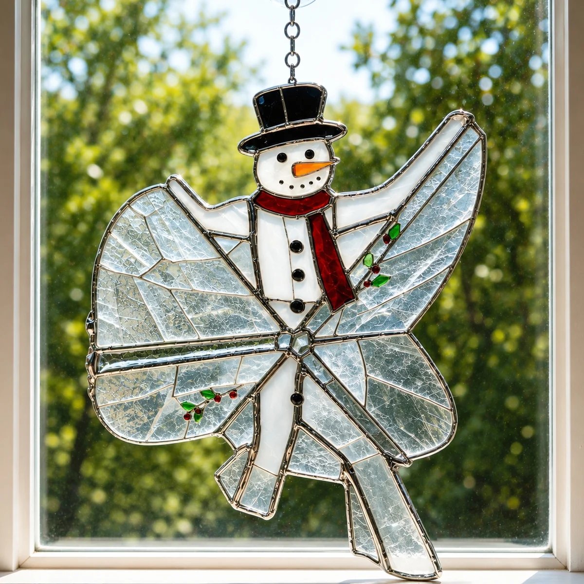 Completed 3D snowman iridescent glass spinning suncatcher ornament hanging by a bright window