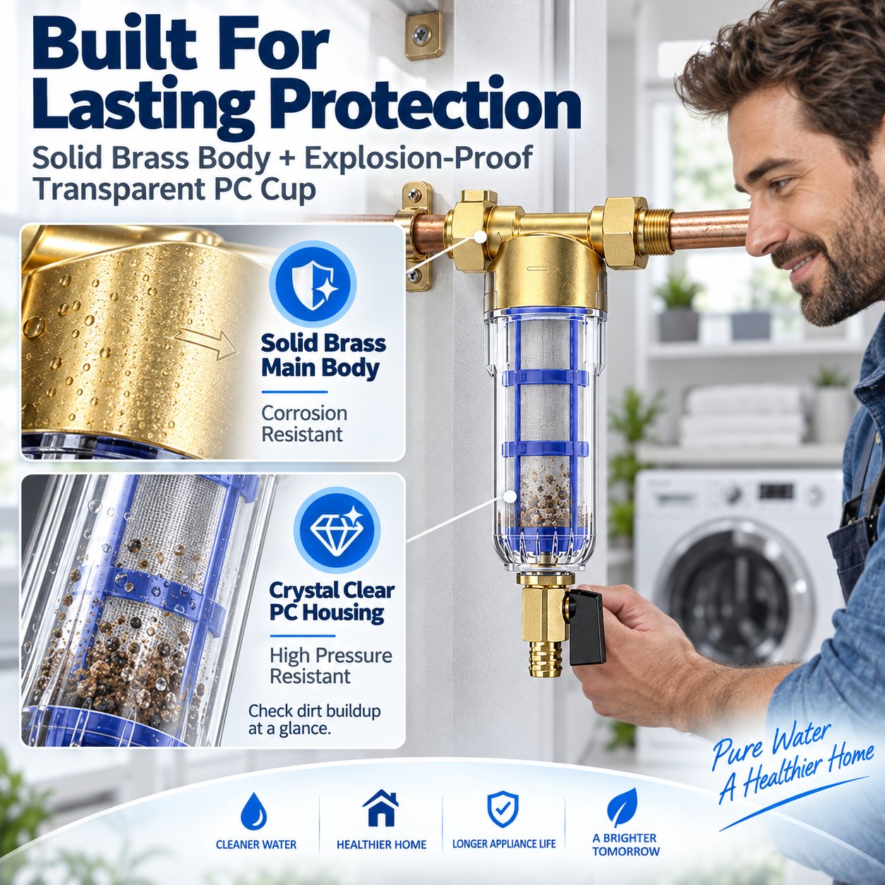 Brass body transparent housing and stainless steel water filter