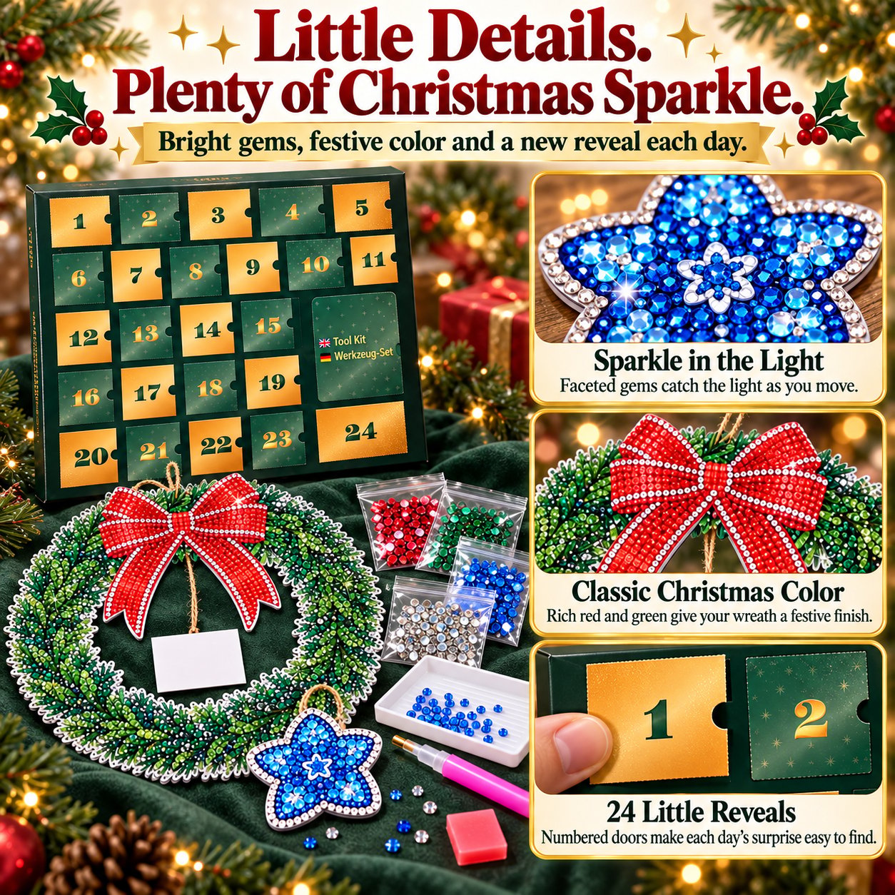 Close-up panels of sparkling diamond gems, the red wreath bow and a numbered calendar door