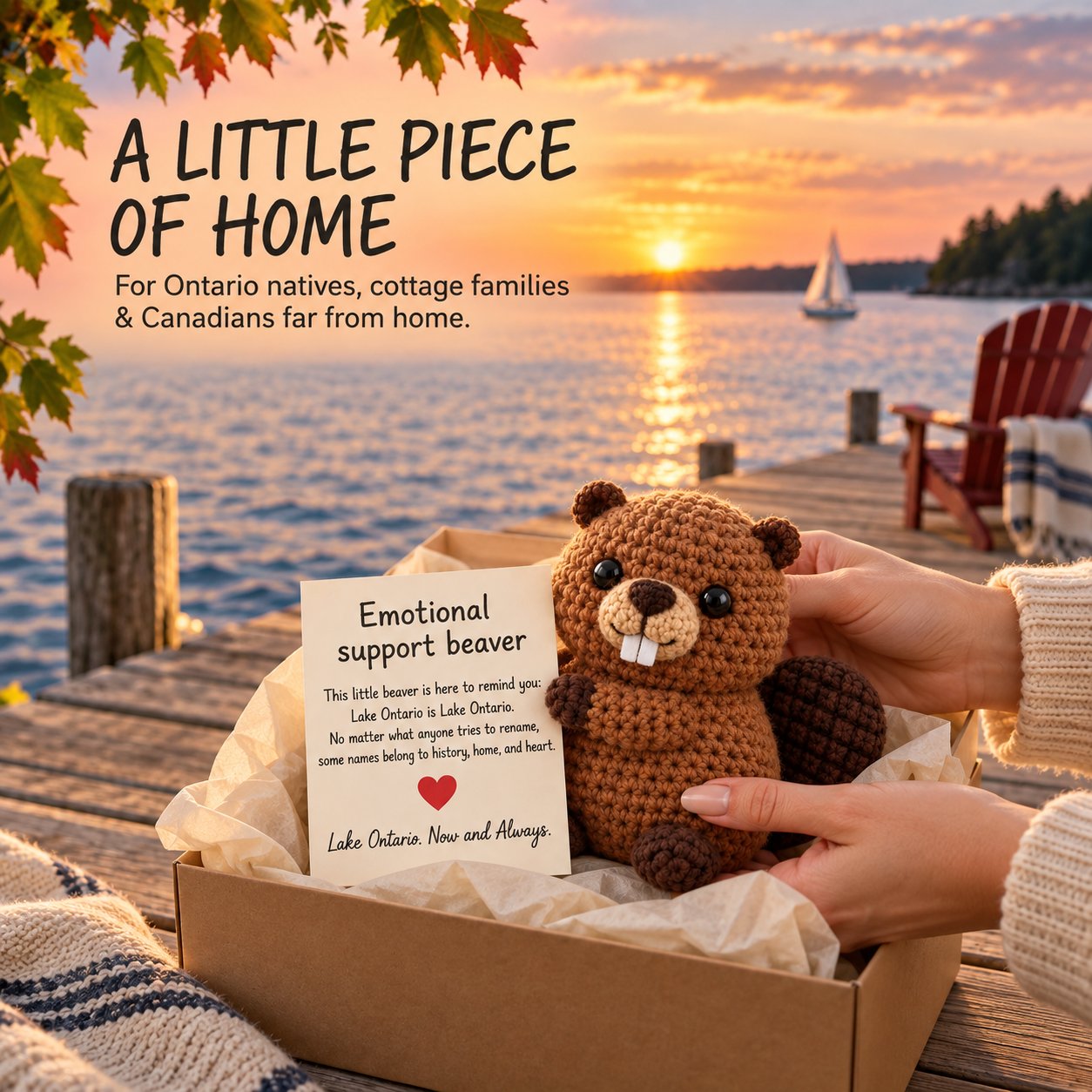 Lake Ontario emotional support beaver being unboxed at a lakeside cottage