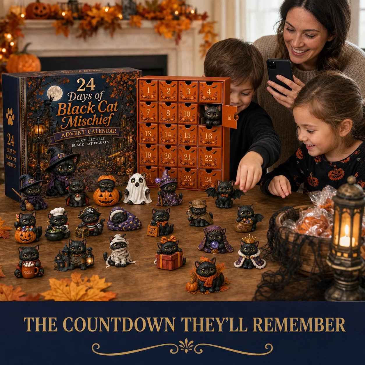 Black cat Halloween figures displayed around the home