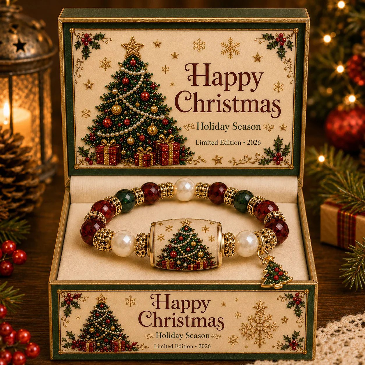Festive Tree Christmas bracelet in festive presentation