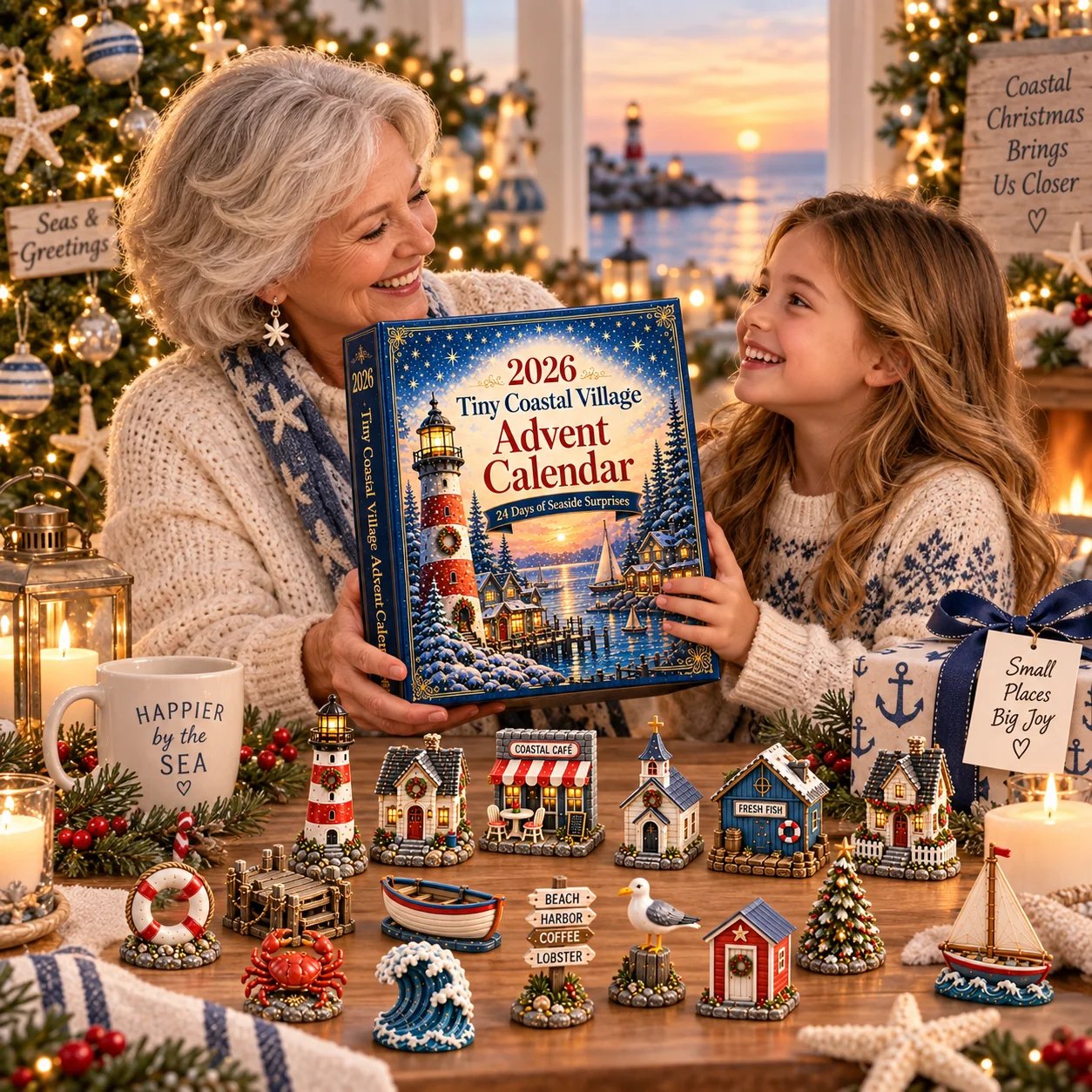 Grandmother and granddaughter sharing the coastal advent calendar at Christmas