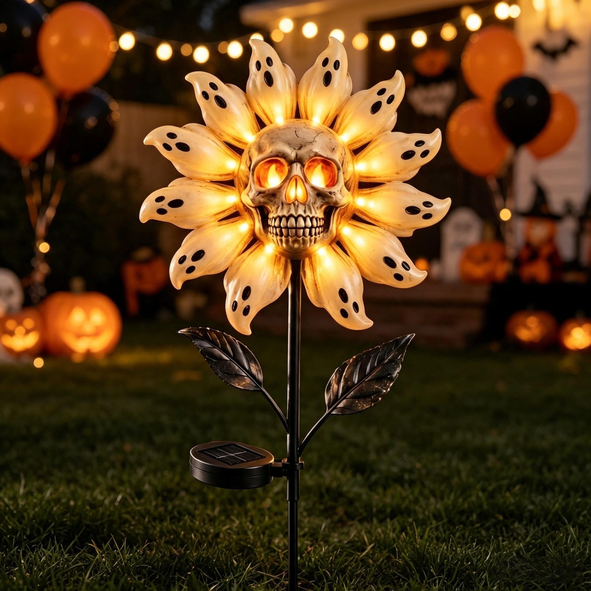 Glowing skull sunflower Halloween garden stake at night