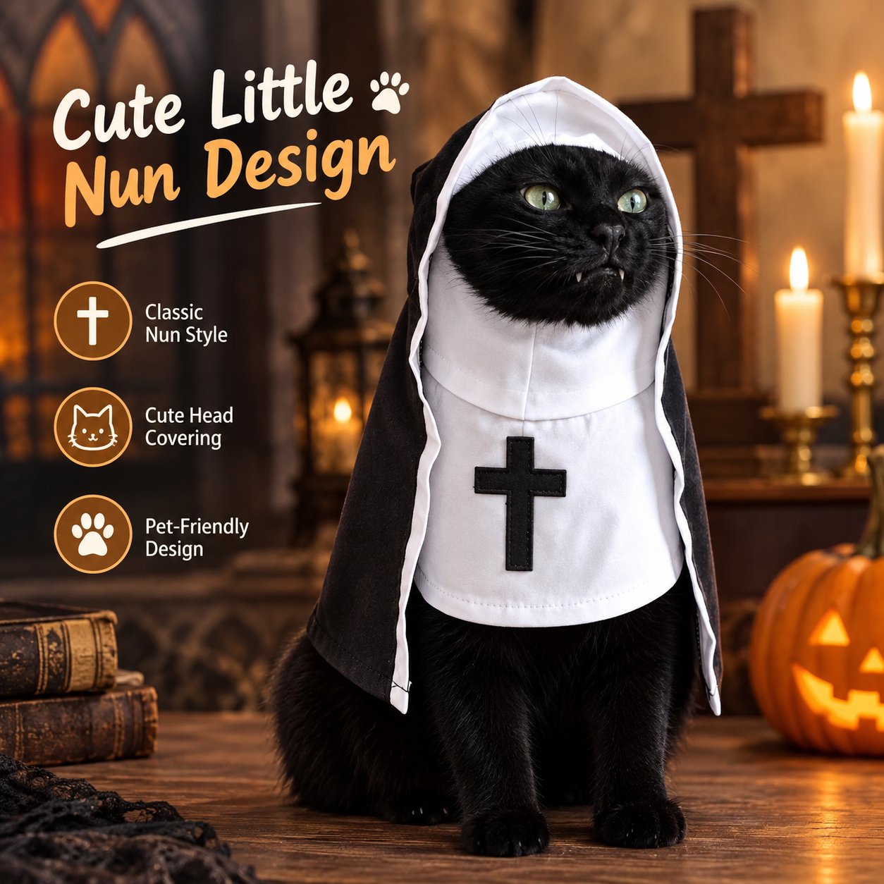 Details of the black and white cat nun costume