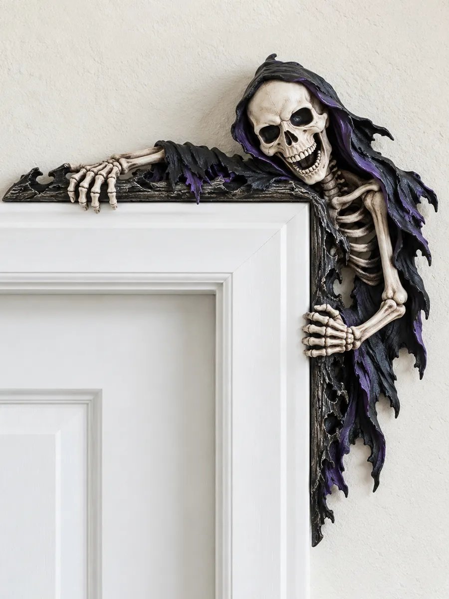 Grim reaper with a bone-colored skull and tattered black and purple cloak peeking around the upper-right corner of a white door frame