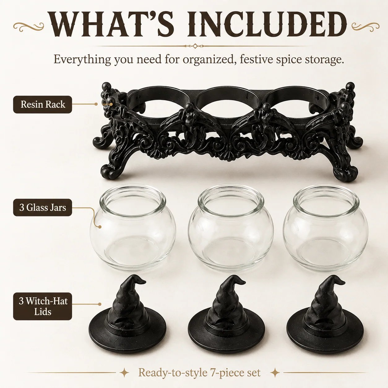 Complete 7-piece witch-hat spice jar set contents laid out