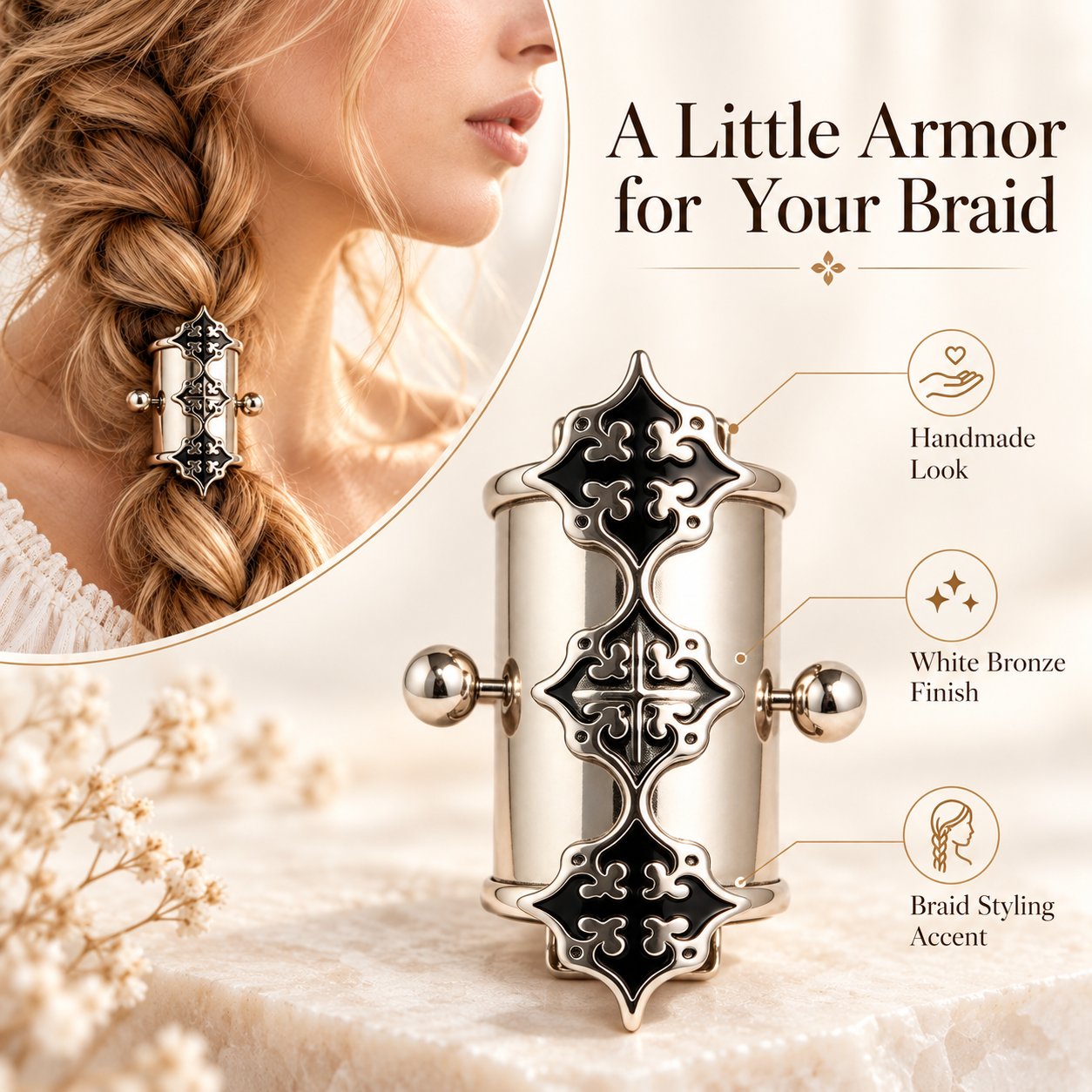 Multiple white bronze cuffs spaced along a braid