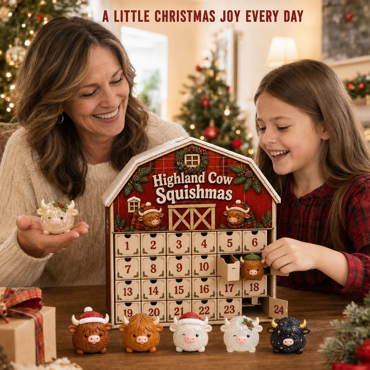 Family opening the Highland Cow Squishmas holiday collection together