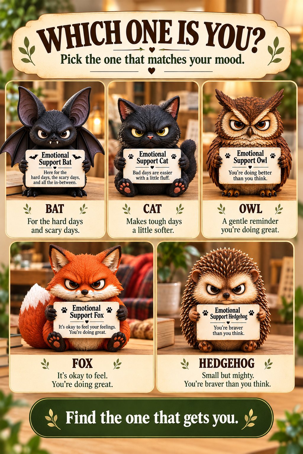 Comparison of the Bat, Cat, Owl, Fox, and Hedgehog styles and their encouraging messages