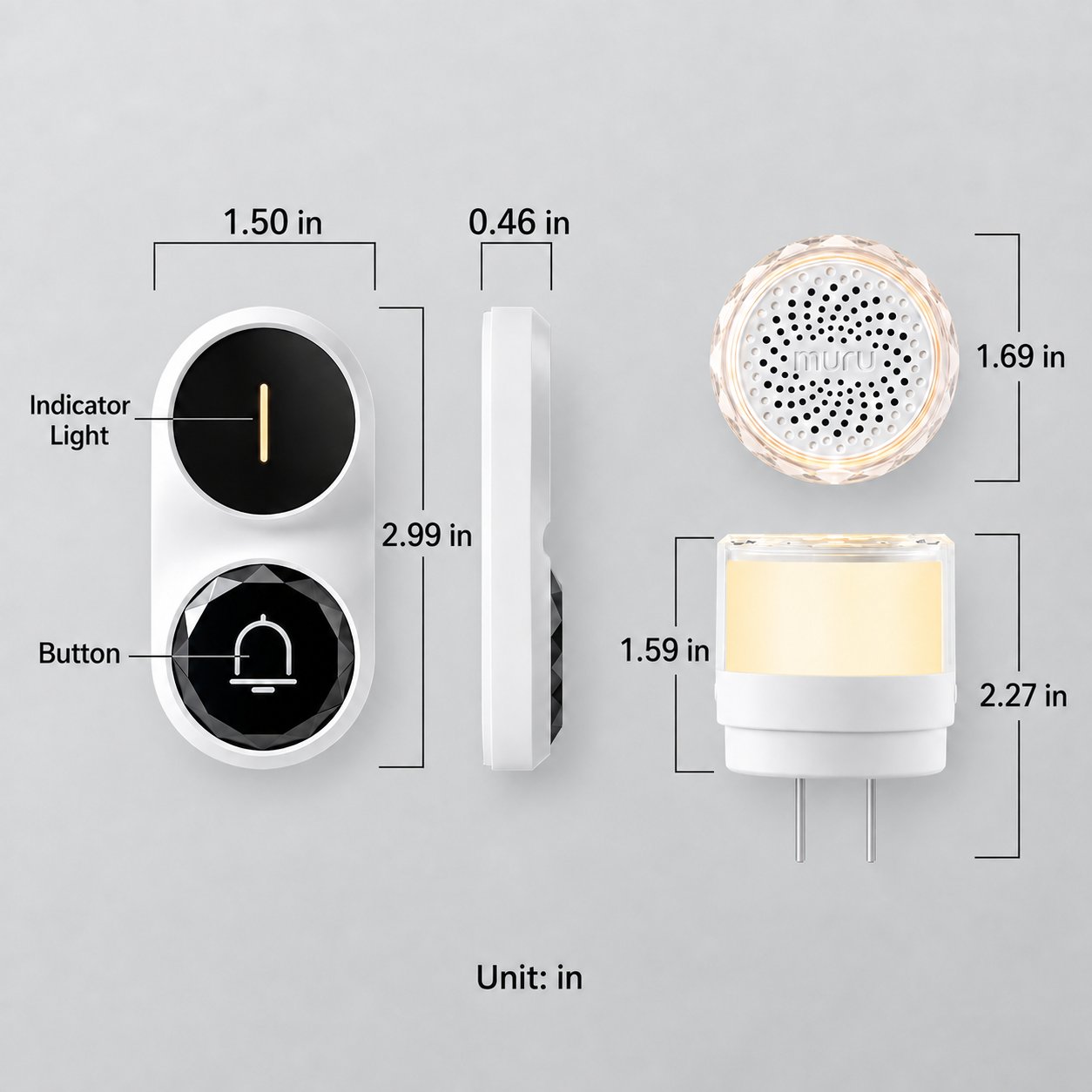 Wireless doorbell transmitter and plug-in chime dimensions in inches