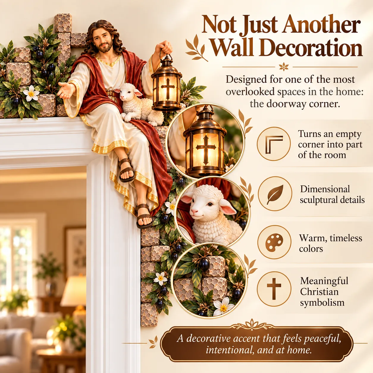 Jesus decor positioned in an upper doorway corner